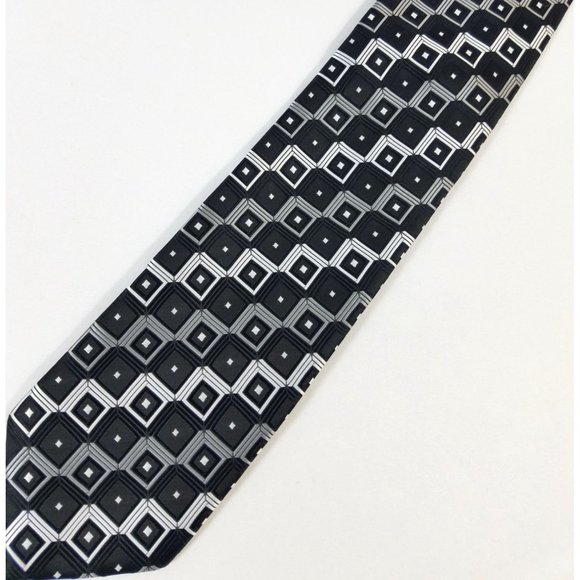 Croft & Barrow Men's Neck tie Silk black gray squares silver Handmade 60" X 3.25 - Picture 1 of 6